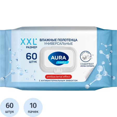 Полотенца влажные Aura Family универсальные флоупак с жёстким клапаном  (60 листов в пачке)