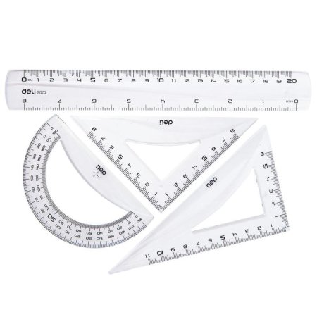 Набор чертежный Deli EG00412 пластиковый прозрачный (линейка 20 см,  угольники 11 и 8 см, транспортир 12 см)