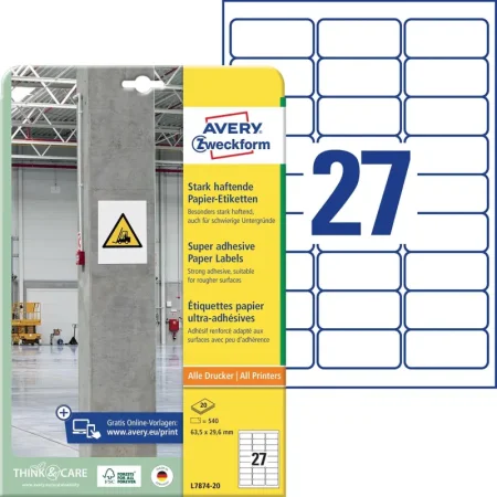 Этикетки самоклеящиеся суперклейкие 63.5x29.6 мм белые 27 штук А4 (20  листов в упаковке)