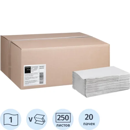 Полотенца бумажные листовые Выбор есть H3 V-сложения 1-слойные  натуральные белые 20 пачек по 250 листов