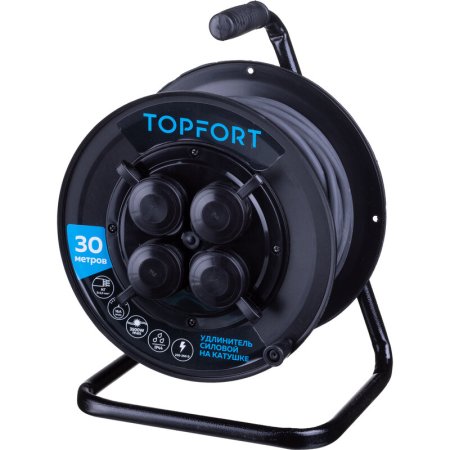 Удлинитель на катушке пластик TOPFORT КГ 3x2.5 кв.мм. 30 м 16 А 3500 Вт   IP44 с  заземлением 4 розетки