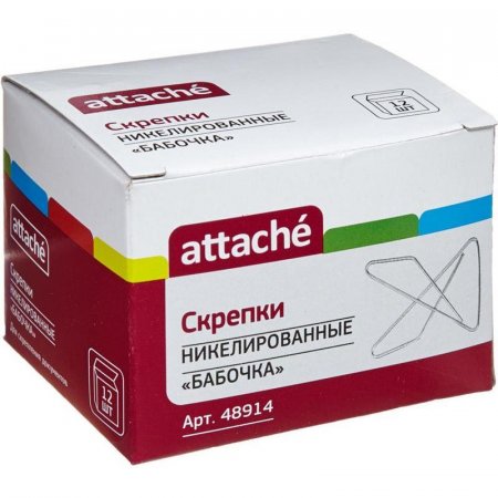 Скрепки Attache металлические никелированные бабочка 50 мм (12 штук в упаковке)