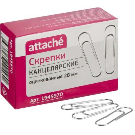 Скрепки канцелярские 28 мм Attache металлические оцинкованные (100 штук  в упаковке)