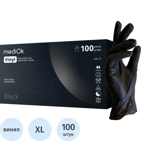 Перчатки медицинские смотровые виниловые MediOk нестерильные  неопудренные размер XL (9-10) чёрные (50 пар/100 штук в упаковке)