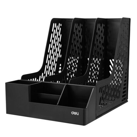 Лоток вертикальный для бумаг 320 мм Deli пластиковый черный 3 отделения  + органайзер на 4 отделения