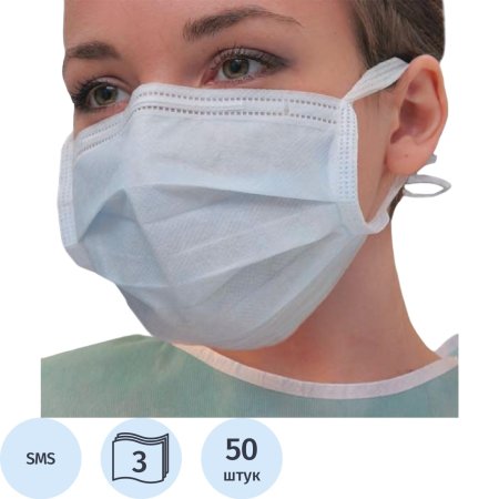 Маска медицинская одноразовая Гекса трехслойная голубая на завязках (50  штук в упаковке)