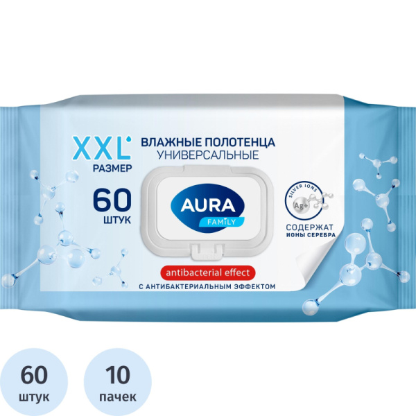 Полотенца влажные Aura Family универсальные флоупак с жёстким клапаном  (60 листов в пачке)