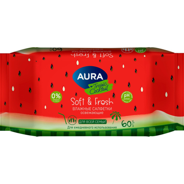 Салфетки влажные Aura Fresh Tropic Cocktail освежающие с мягким клапаном  (60 листов в пачке)