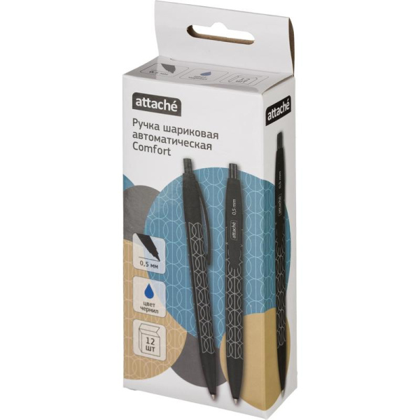 Ручка шариковая автоматическая Attache Comfort синяя корпус soft touch  (черный корпус, толщина линии 0.5 мм)