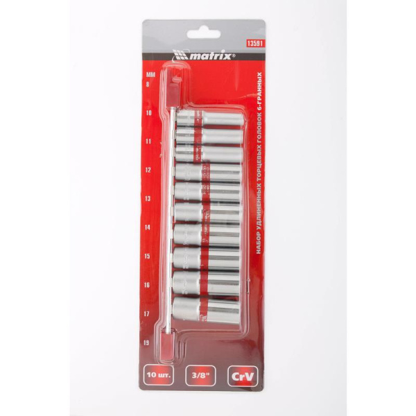 Набор головок торцевых удлиненных 3/8 CrV 10 штук (8-19 мм) MATRIX 13591