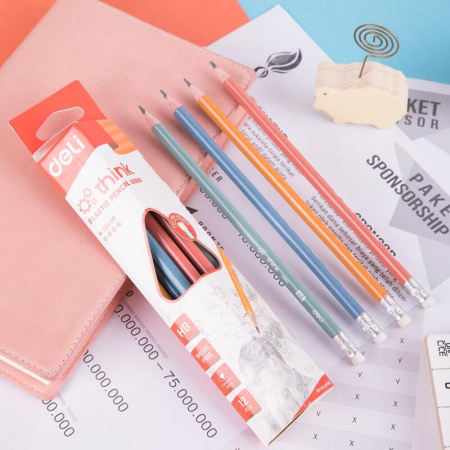 Карандаш чернографитный HB с ластиком Deli Think заточенный трехгранный