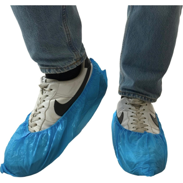 Бахилы одноразовые Вендорс полиэтиленовые 40 мкм голубые с паянной  резинкой (50 пар в упаковке)