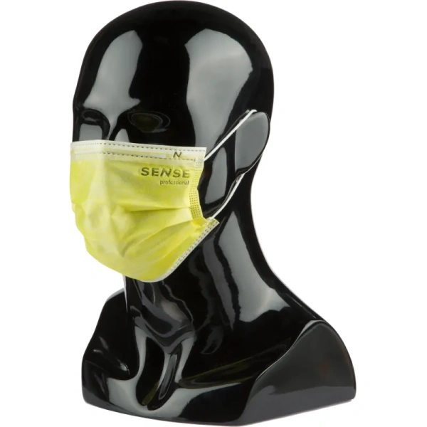 Маска медицинская одноразовая Sense трехслойная желтая (50 штук в  упаковке)