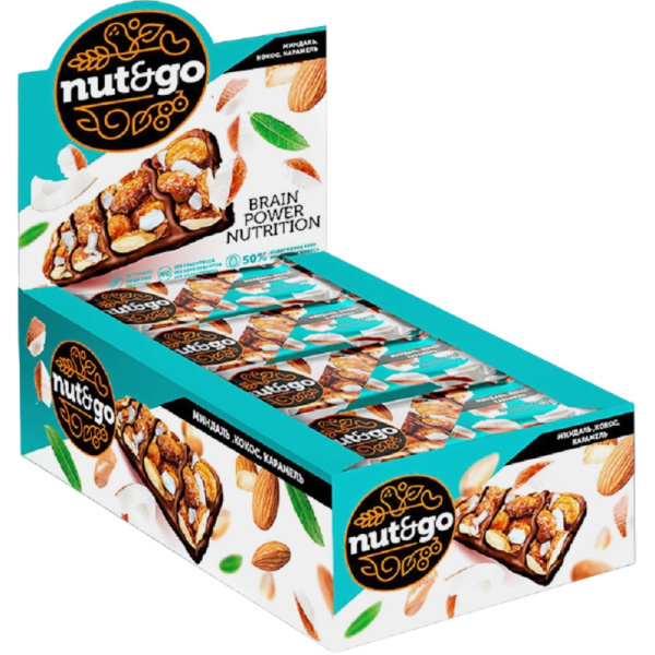 Батончик Nut N Go с миндалем/кокосом/карамелью 36г (18 штук в упаковке)