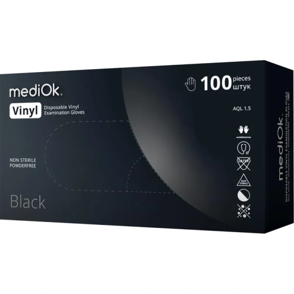 Перчатки медицинские смотровые виниловые MediOk нестерильные  неопудренные размер L (8-9) чёрные (50 пар/100 штук в упаковке)