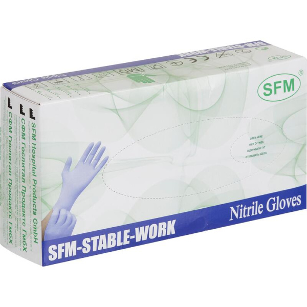 Перчатки медицинские смотровые нитриловые SFM нестерильные неопудренные  размер M (7-8) фиолетово-голубые (50 пар/100 штук в упаковке)