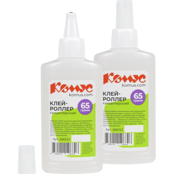 Клей канцелярский жидкий Комус 65 мл прозрачный роллер