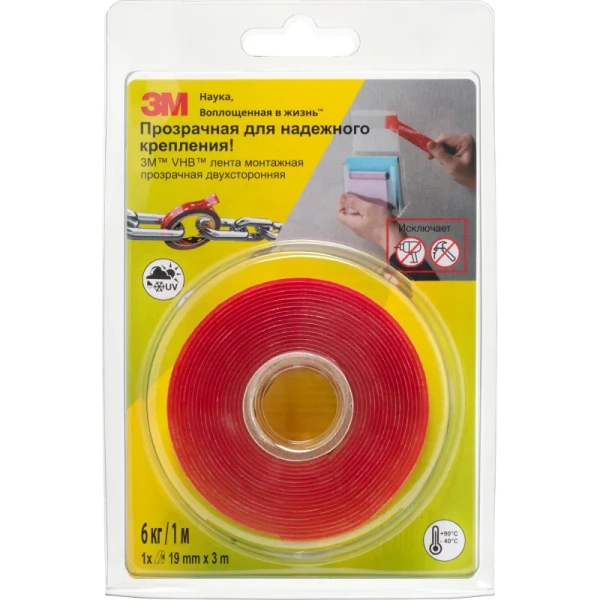 Клейкая лента двухсторонняя монтажная 3M VHB 4910F прозрачная на вспененной основе 19 мм x 3 м