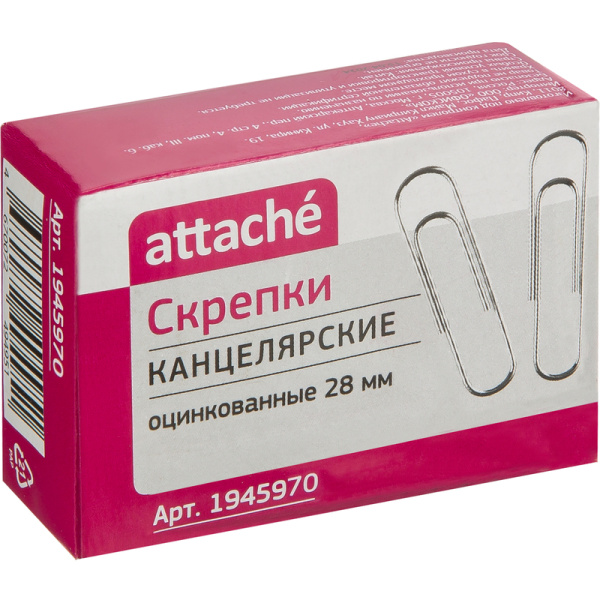 Скрепки канцелярские 28 мм Attache металлические оцинкованные (100 штук  в упаковке)