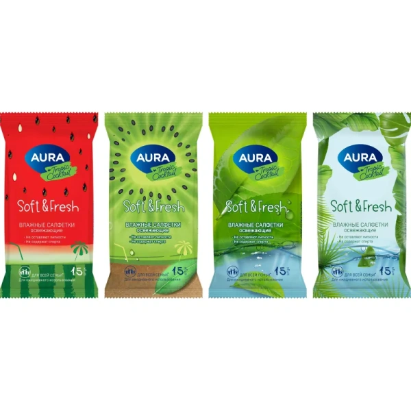 Салфетки влажные Aura Tropic Coctkail освежающие флоупак с мягким  клапаном (15 листов в пачке)