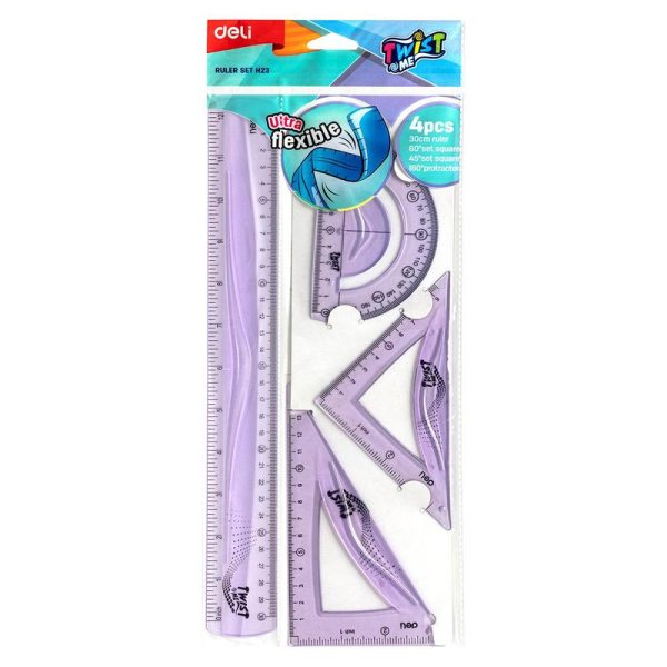 Набор чертежный Deli EH23 пластиковый в ассортименте (линейка 30 см,  угольники 13 и 9 см, транспортир 10 см)