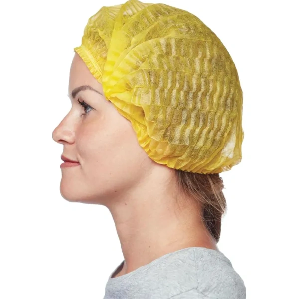 Шапочка одноразовая берет плиссе желтая (25 штук в упаковке)