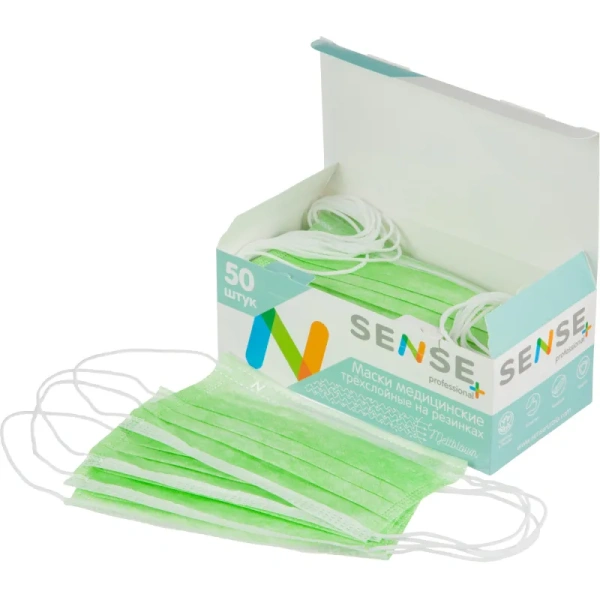 Маска медицинская одноразовая Sense трехслойная мятная (50 штук в  упаковке)