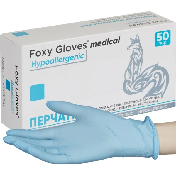 Перчатки медицинские смотровые нитриловые Foxy-Gloves нестерильные  неопудренные размер S (6.5-7) голубые (50 пар/100 штук в упаковке)
