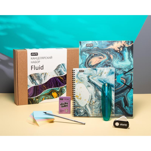 Набор канцелярский подарочный Attache Selection Fluid бирюзовый (стикеры, папка на резинках, ручка, бизнес-тетрадь, карандаш, ластик, блок для записей)
