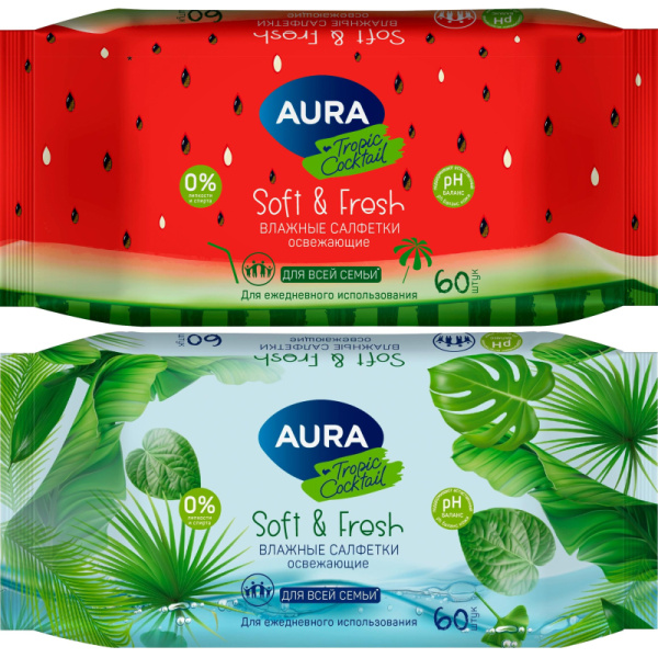 Салфетки влажные Aura Fresh Tropic Cocktail освежающие с мягким клапаном  (60 листов в пачке)