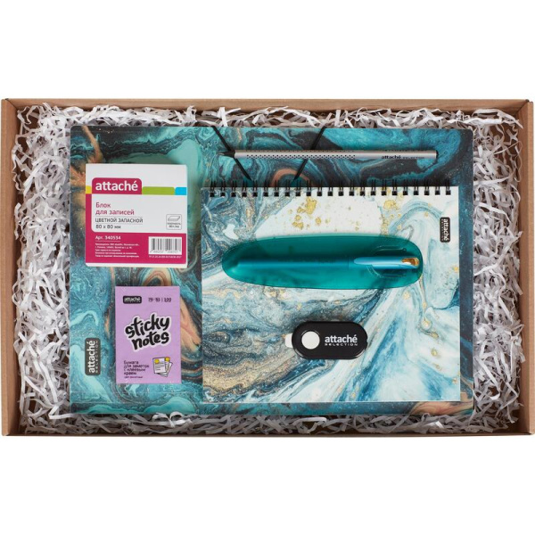 Набор канцелярский подарочный Attache Selection Fluid бирюзовый (стикеры, папка на резинках, ручка, бизнес-тетрадь, карандаш, ластик, блок для записей)