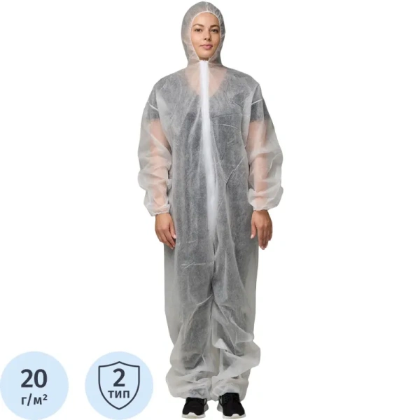 Комбинезон одноразовый с капюшоном Каспер белый 20 г/кв.м (размер 52-54,  XL)