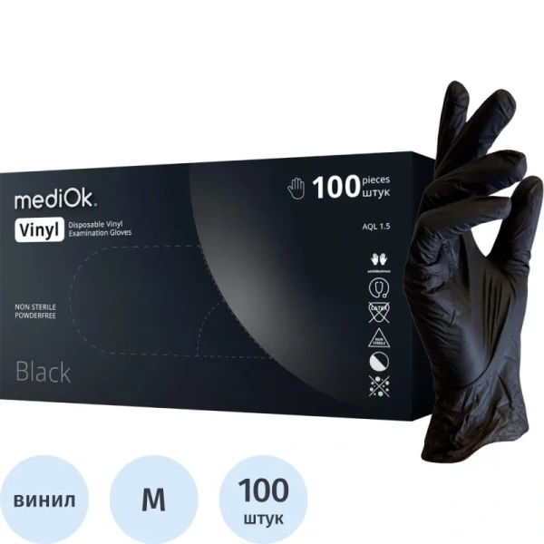 Перчатки медицинские смотровые виниловые MediOk нестерильные  неопудренные размер M (7-8) чёрные (50 пар/100 штук в упаковке)