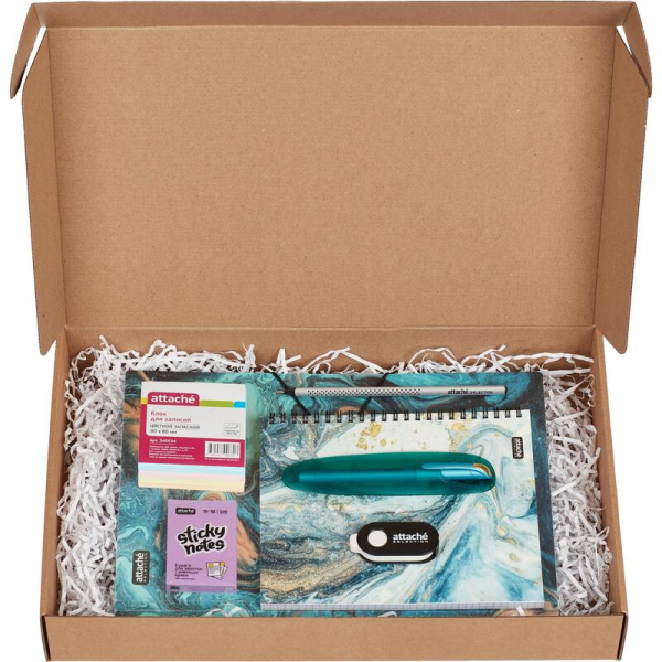 Набор канцелярский подарочный Attache Selection Fluid бирюзовый (стикеры, папка на резинках, ручка, бизнес-тетрадь, карандаш, ластик, блок для записей)